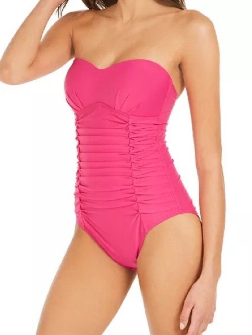 DKNY Hot Pink Liquid Pleated Bandeau Tummy Control One Piece Swimsuit Size 14 - Picture 1 of 15
